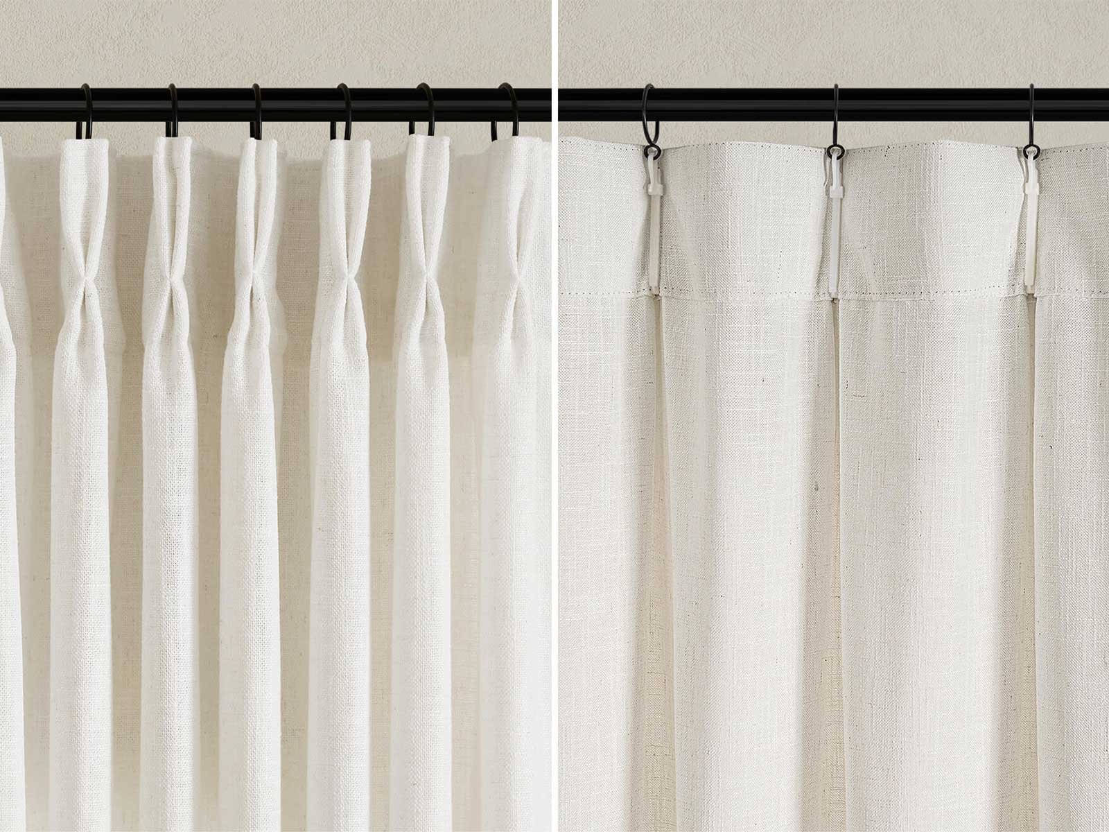 Comparison of double pinch pleat and triple pinch pleat curtains showing different fullness levels