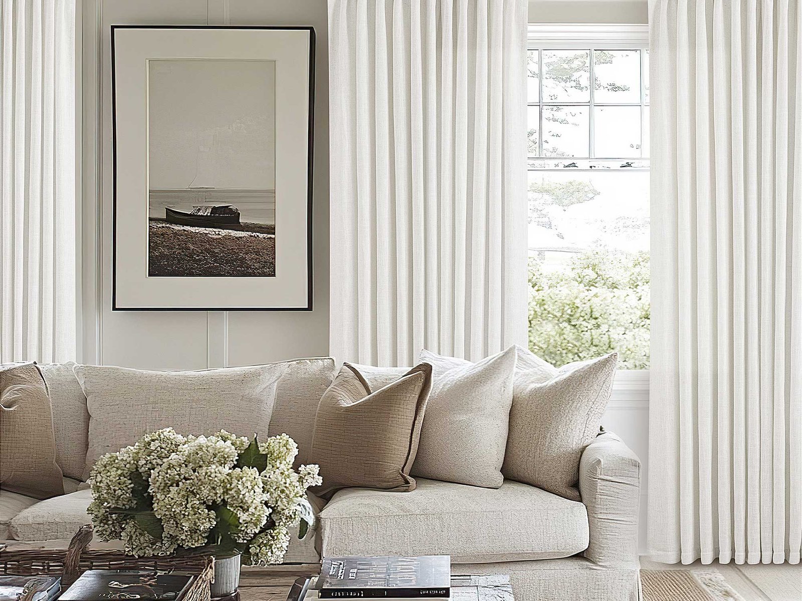 Pinch pleat curtains in an elegant living room with full-length tailored drapery